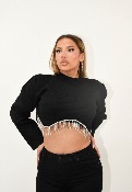 Pull côtelé à strass noir